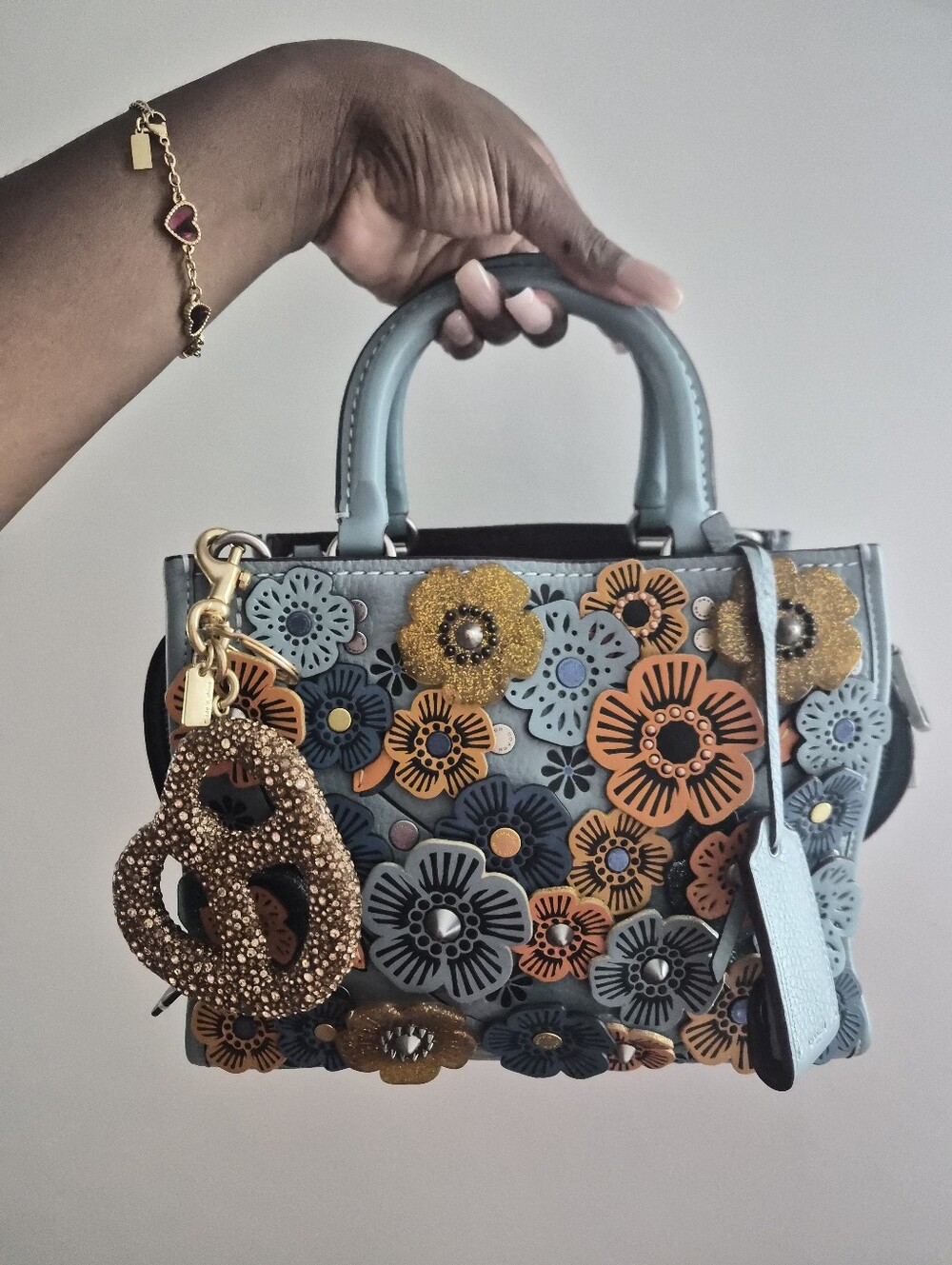 Coach Rogue 25 With Light Blue Floral Appliqué Leather Satchel